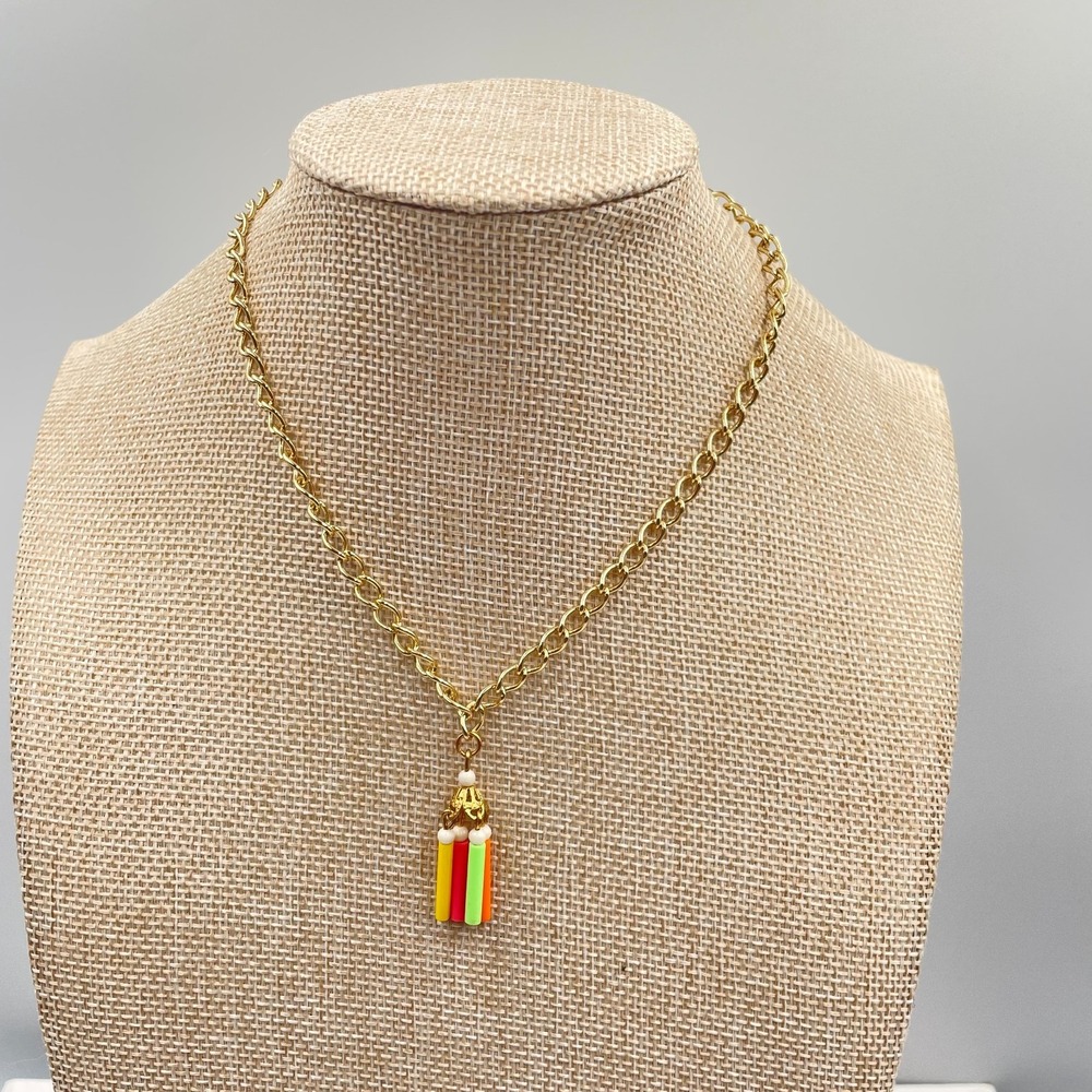 Vintage Bohemian Gold-Tone Chain Neon-Colored Tassels Charm Pendant Necklace
